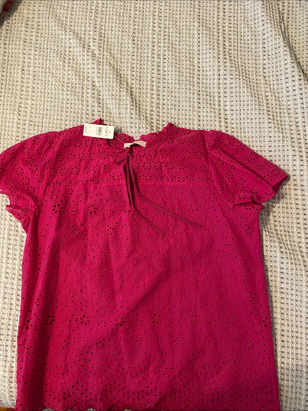 LOFT Bright Fuchsia Eyelet Tie-Neck Blouse